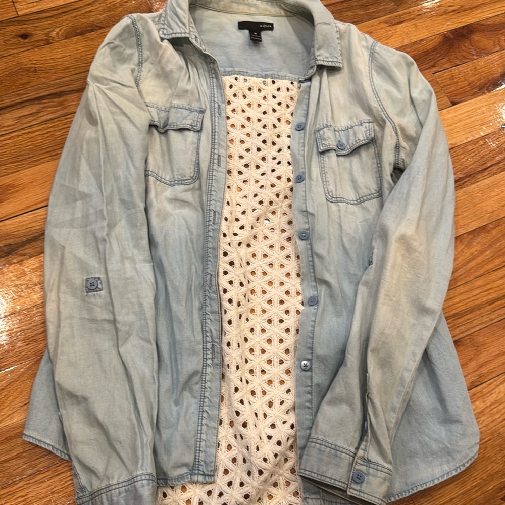 Aqua Denim with Crochet Back Button Down Shirt - Size S